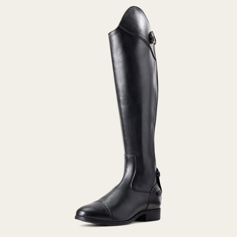 Black riding boot on a light gray background, front angle.