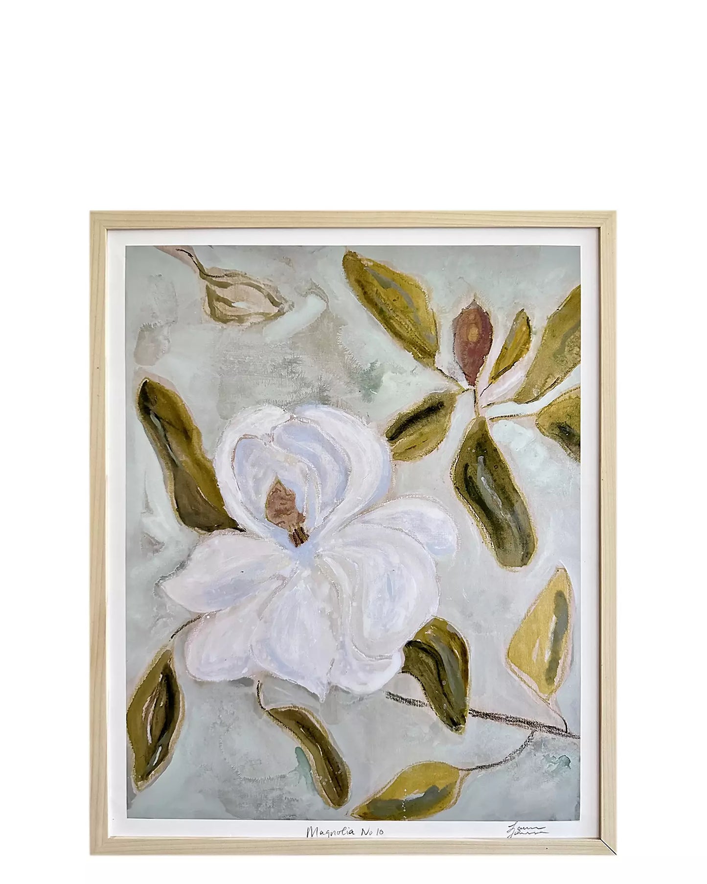 magnolia floral wall art print — delicate white magnolia blooms on neutral background, framed view