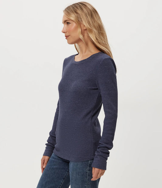 long sleeve thermal crew neck layering top woman standing side view-white background