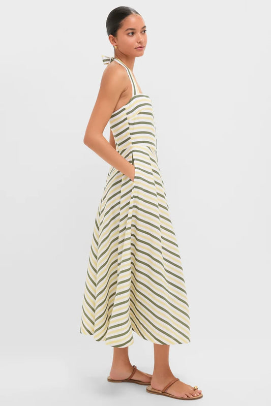 Halter midi dress with shorts — striped cotton silhouette, side-seam pocket detail, side view