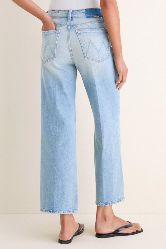 Zip flood jeans — clean hem, wide straight leg, back view