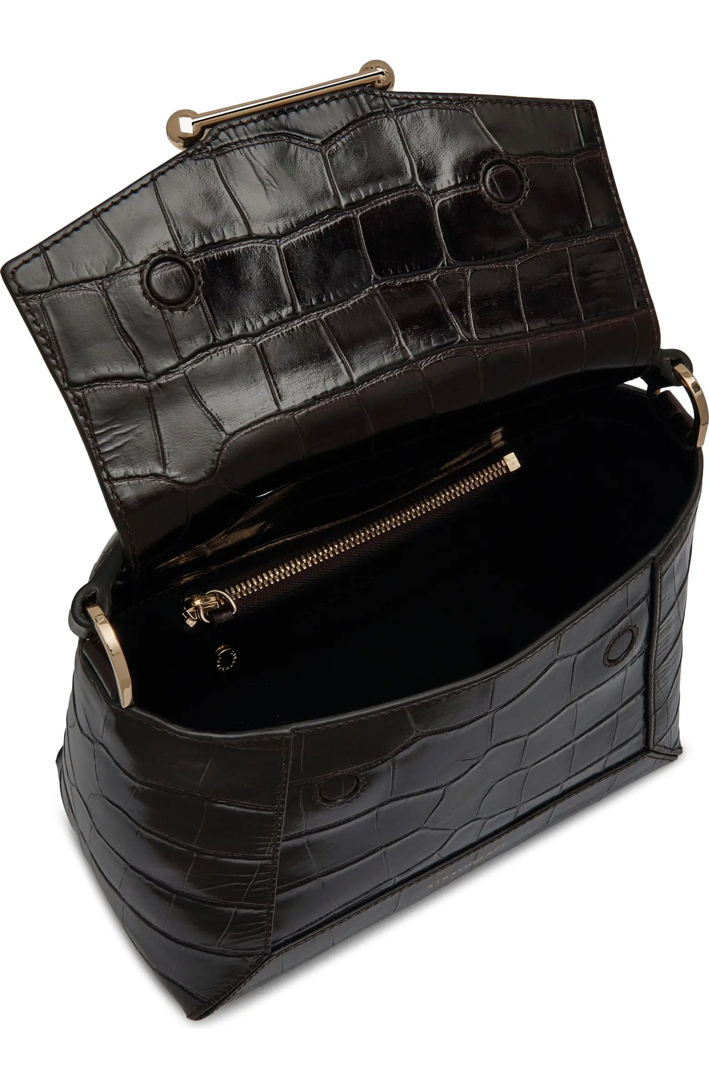 leather top handle satchel crocodile-patterned handbag with gold hardware on a white background