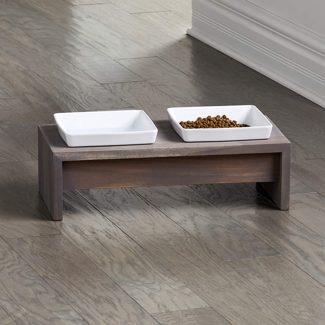 Crate & Barrel Fossil Medium Double Bowl Dog Feeder