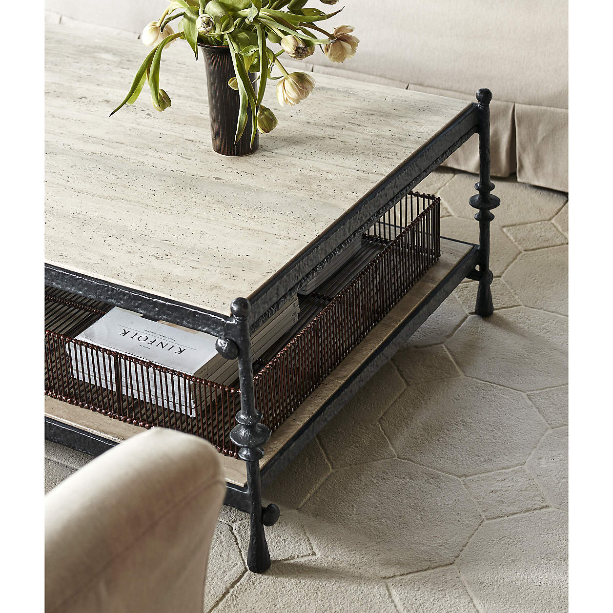 Estate Travertine and Metal 64" Rectangular Coffee Table With Shelf by Jack Arnold