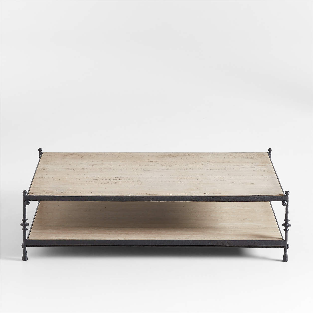 Estate Travertine and Metal 64" Rectangular Coffee Table With Shelf by Jack Arnold