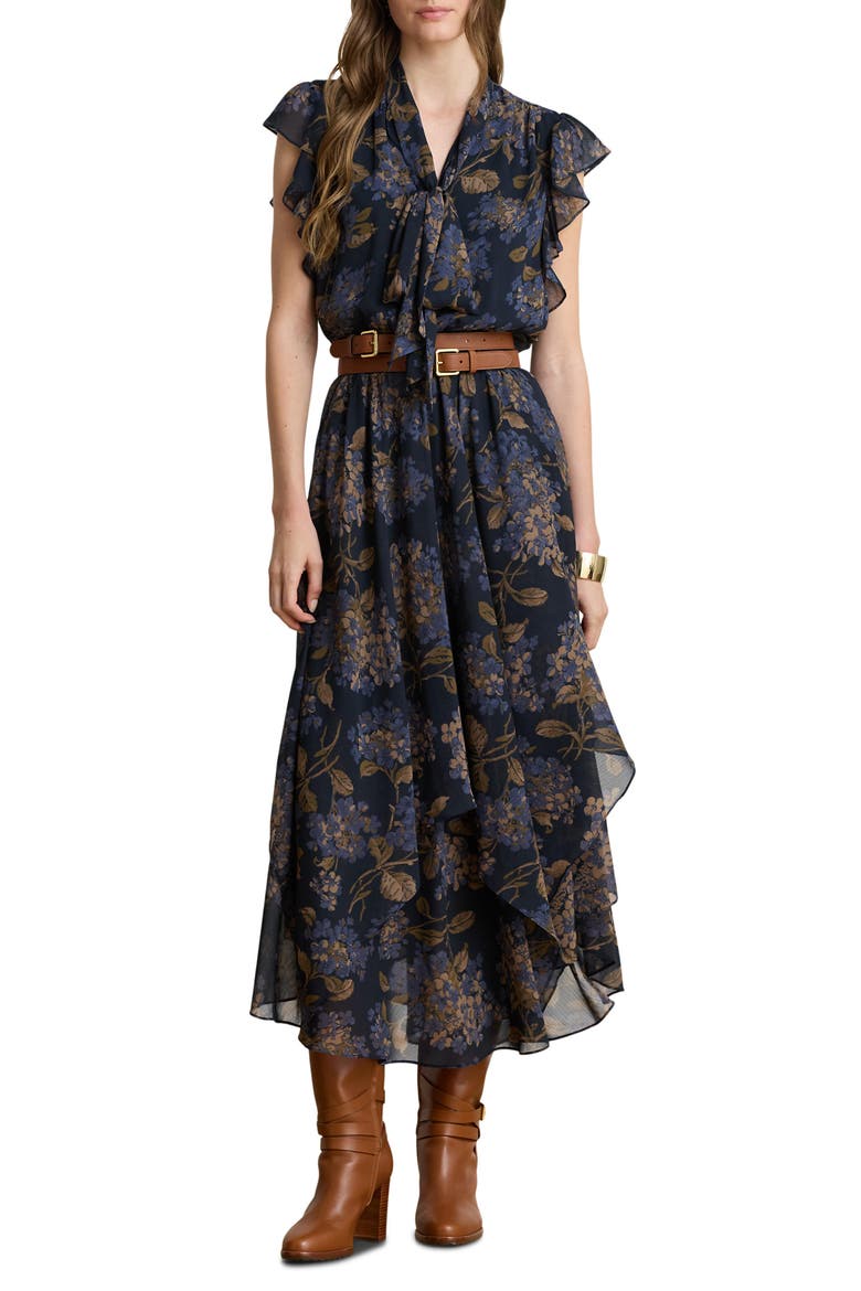 Navy floral mid-calf dress with necktie