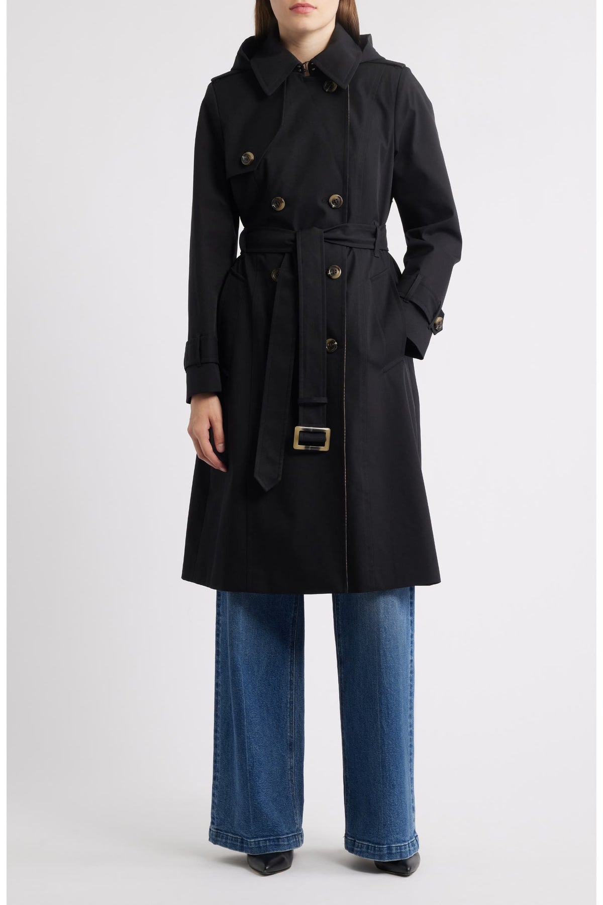 Black trench raincoat with removable hood