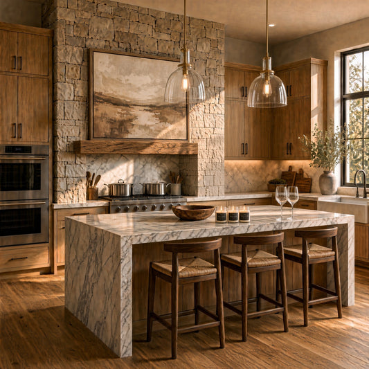 A modern kitchen island with a white marble-look countertop with 3 glass jar candles and base, paired with three dark wood bar stools with woven seats. The kitchen features warm wood cabinets, a stone backsplash, and a large landscape painting above the stove.