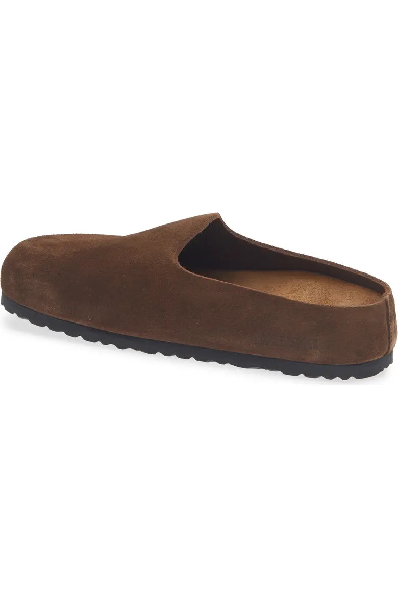 Suede wrapped leather mule three quarter left side view