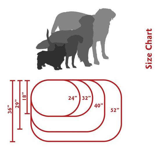 Washable pet bed size chart with silhouettes of dogs and dimensions on a white background