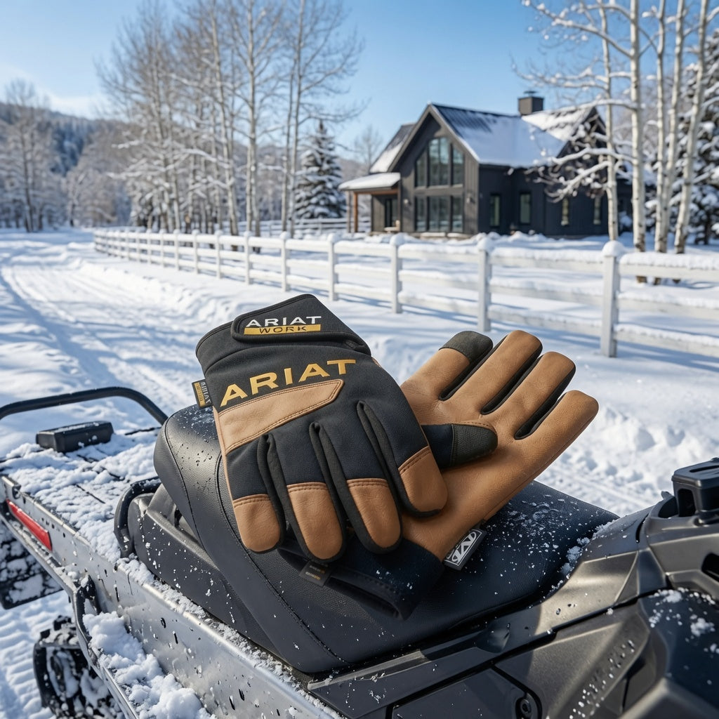 Flex Pro waterproof work glove on snowmobile — waterproof ranch glove, winter farmhouse setting