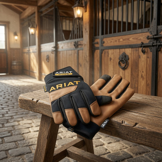 Flex Pro waterproof work glove on barn bench — ranch-ready leather work glove, rustic setting