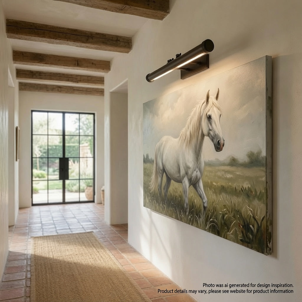 bronze picture light — hall lifestyle view— wall-mounted horse canvas on light colored ranch home wall, with bronze depiction of picture light image created by RTS with ai for style inspiration. Product details may vary, see website for more info.
