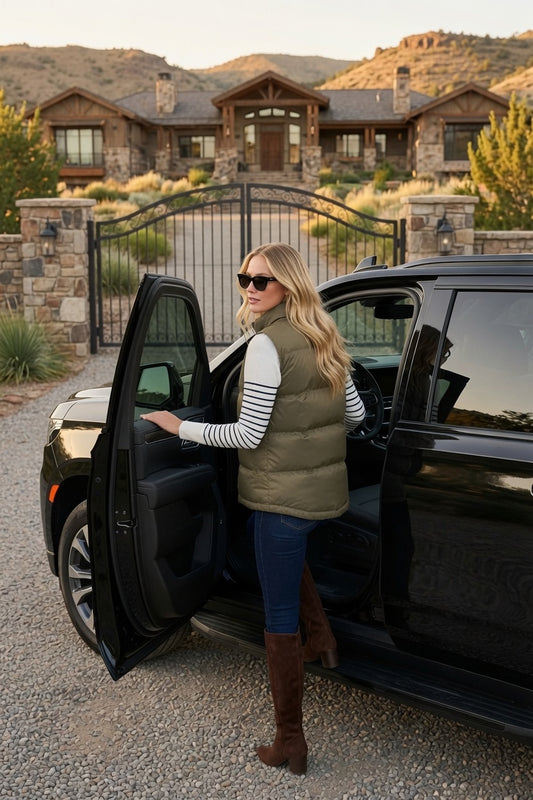 olive green puffer vest — quilted stand collar style shown in AI lifestyle concept at a ranch-style home entrance (props not included) — results may vary, design image created using AI by RTS, see website for product details