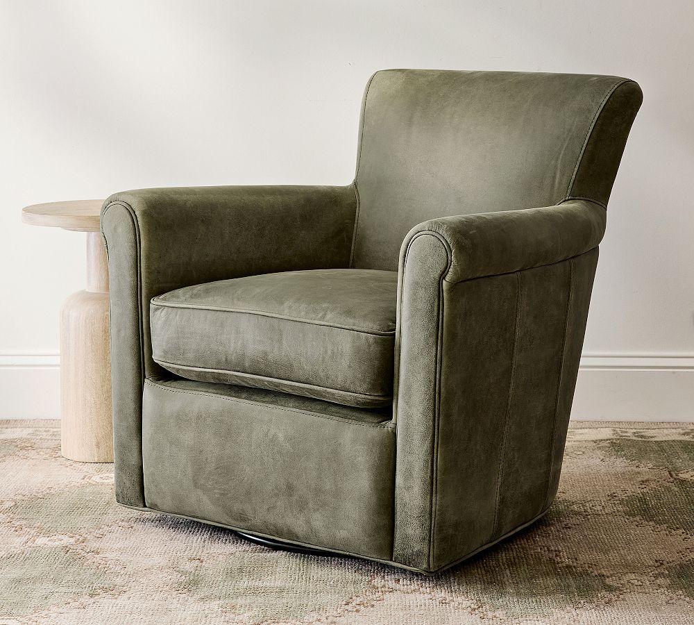 Pottery Barn Irving Roll Leather Swivel Armchair