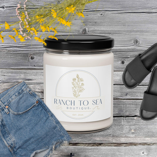 sea salt orchid candle — Ranch To Sea Boutique soy candle with branded label, shown in AI lifestyle concept on wooden surface with denim jeans and sandals (props not included) — results may vary, design image created using AI by RTS, see website for product details