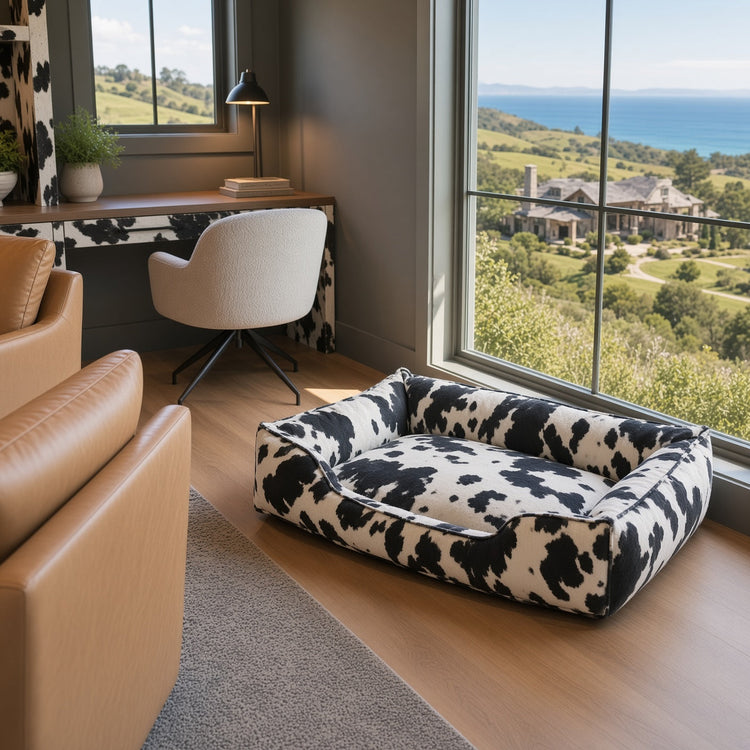 AI lifestyle image of black and white cowhide print dog bed by large windows in a modern coastal ranch home interior, Coastal Ranch Pet Essentials collection. Images may vary, see product pages for exact details.