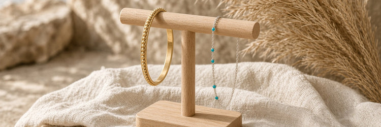 Wood Bracelet stand on stone table with a piece of linen cloth holding a gold bangle bracelet with clear crystals, and a delicate silver chain bracelet  with 6 turquoise stones