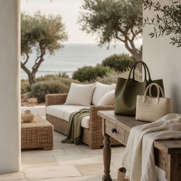 AI lifestyle image of outdoor wicker sofa and wooden table with green and woven bags, Coastal Ranch Furniture finds collection. See product pages for exact details.