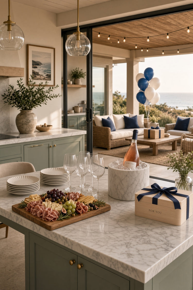 Coastal ranch kitchen gift setting with charcuterie, rosé, and gift box. AI lifestyle image, see product pages for exact details.