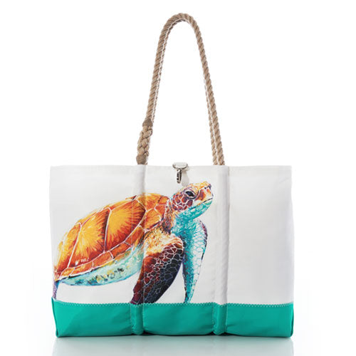 multicolor sea turtle tote bag with a turtle design on a white background front view
