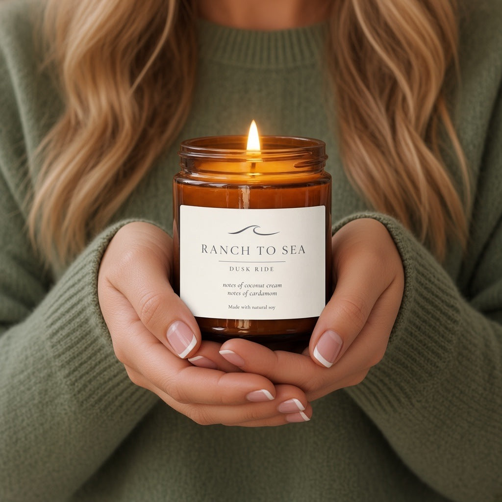women in green sweater dolding Dusk Ride candle in amber jar