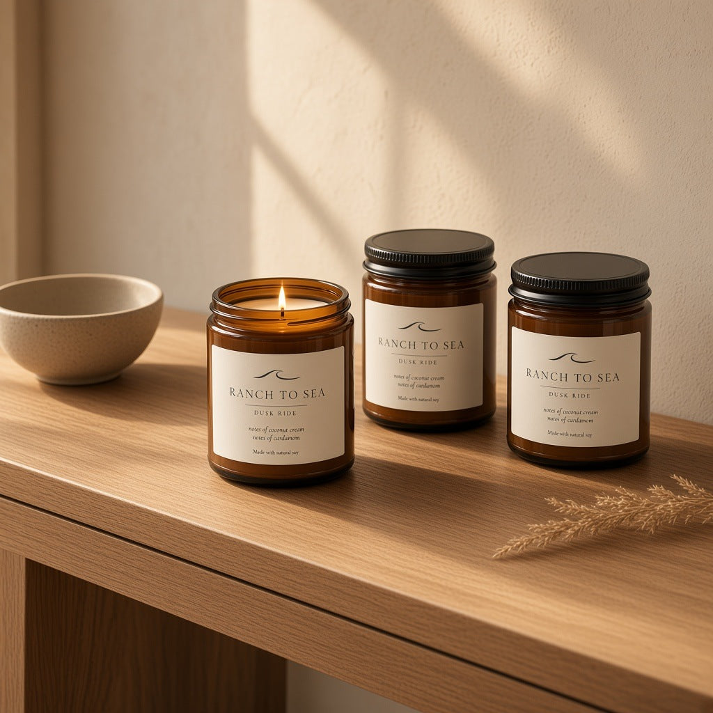 Susk ride candle on console table shown lit in amber jar with two lidded candles sitting next to it.