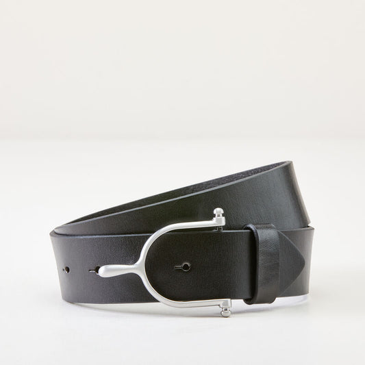 Black leather belt with silver buckle on a white background