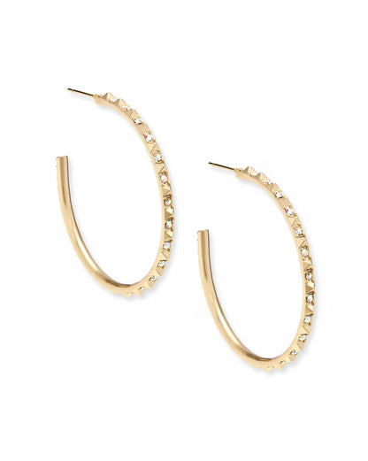 14K gold hoop earrings with crystal- embedded , shown against  a white background