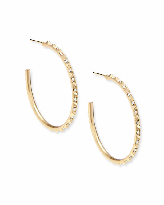 14K gold hoop earrings with crystal- embedded , shown against  a white background