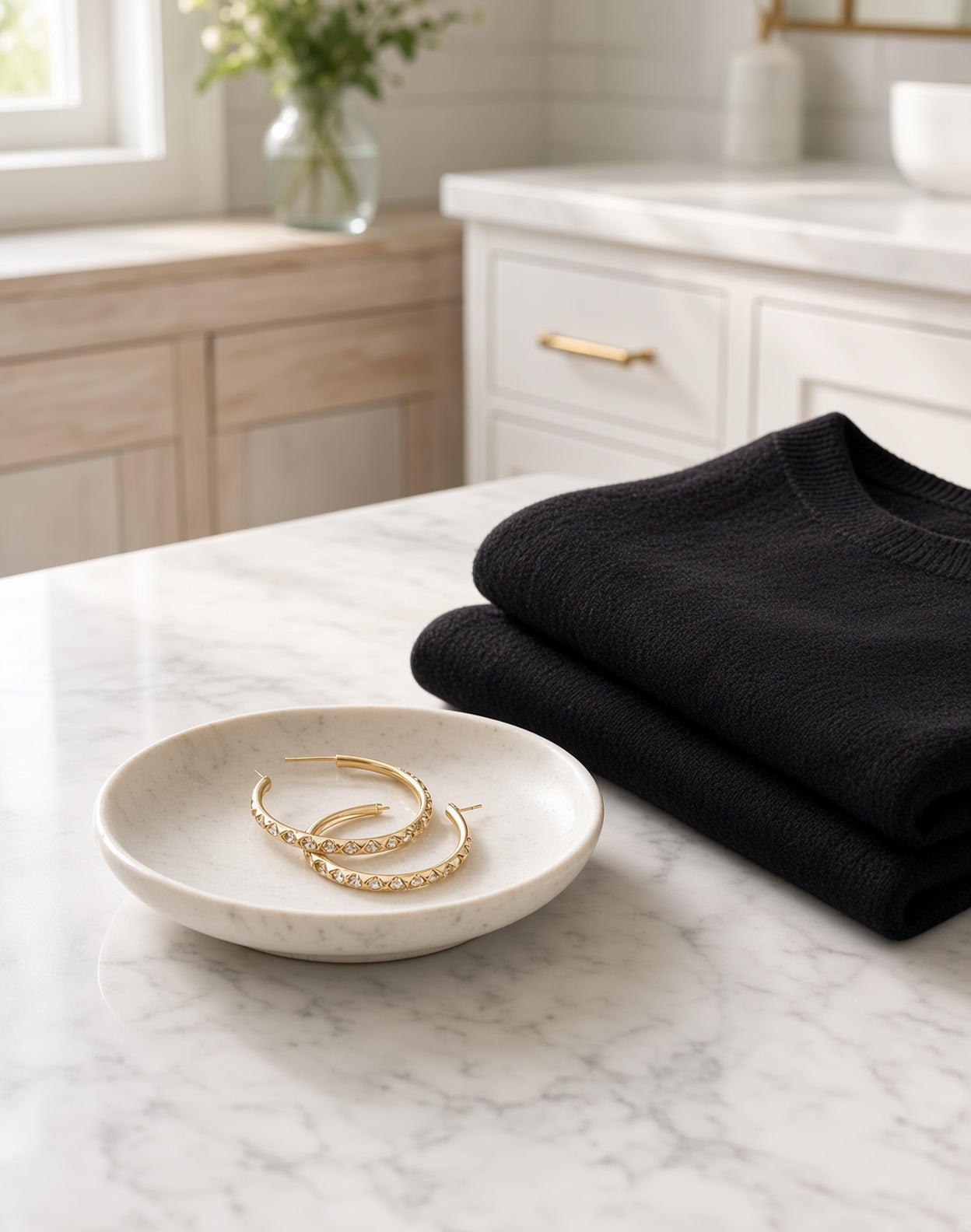 AI lifestyle view of 14K gold hoop earrings with crystal detail resting in a white dish next to a folded black knit sweater on a marble countertop