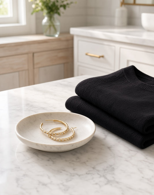 AI lifestyle view of 14K gold hoop earrings with crystal detail resting in a white dish next to a folded black knit sweater on a marble countertop