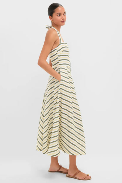 Halter midi dress with shorts — striped cotton silhouette, side-seam pocket detail, side view
