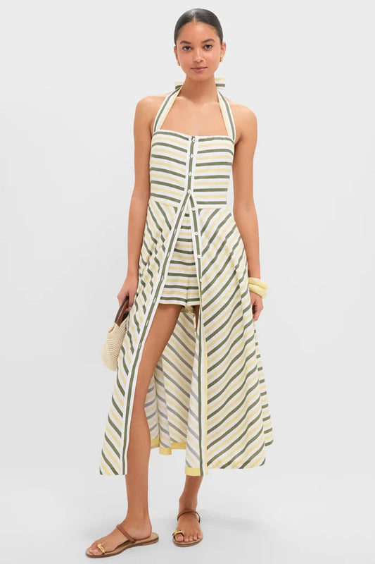 Green and Yellow Stripe Halter Button Mirabel Dress and Short Set