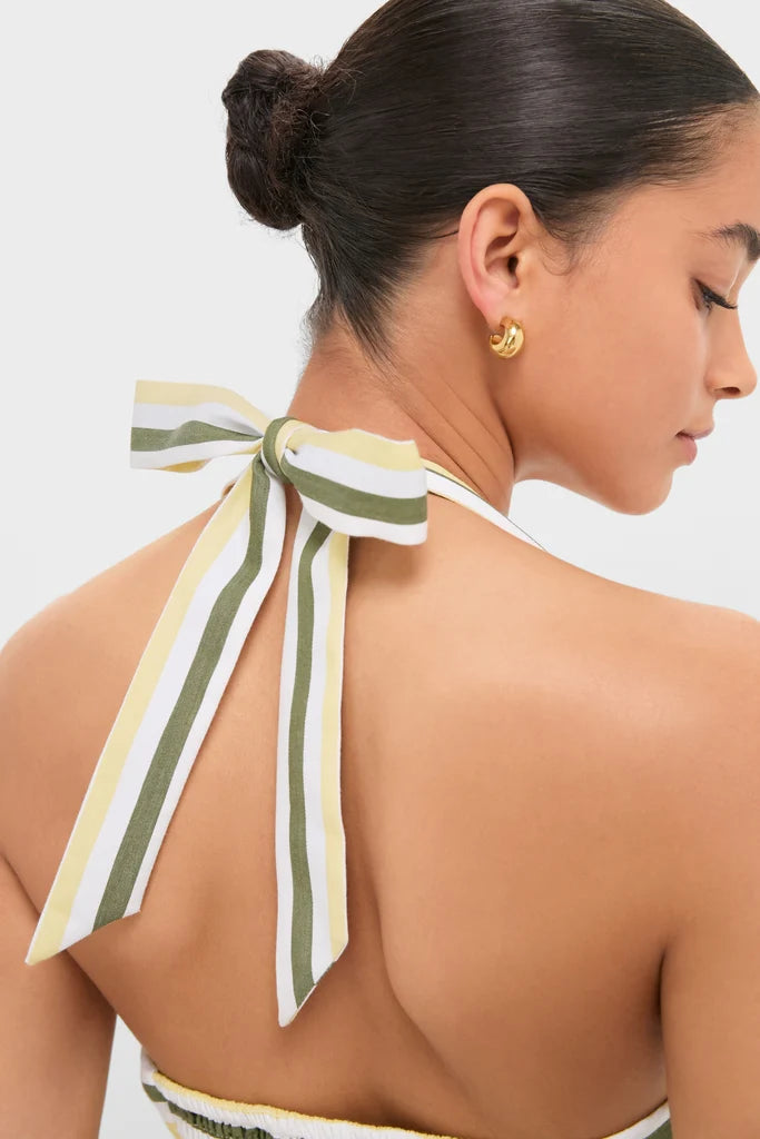 Yellow stripe halter midi dress — smocked back detail, cotton fit & flare, back view