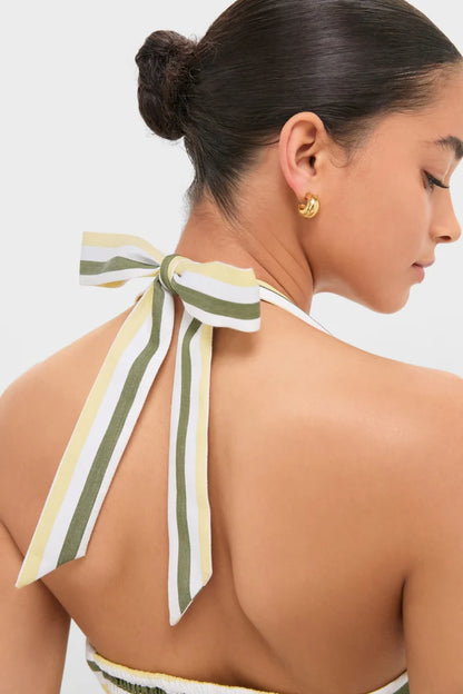 Yellow stripe halter midi dress — smocked back detail, cotton fit & flare, back view