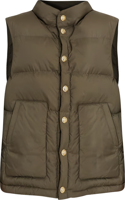 An olive green puffer vest with a high stand-up collar, front button closure, and two front patch pockets, shown against a plain white background.
