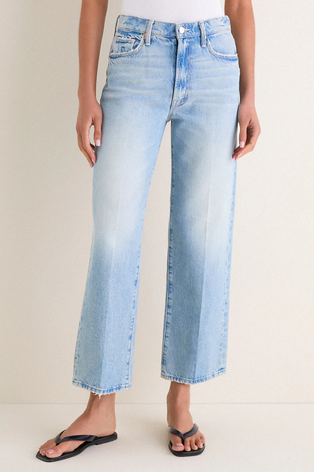 Zip flood jeans — high-rise wide straight leg, faded knee detail, front view