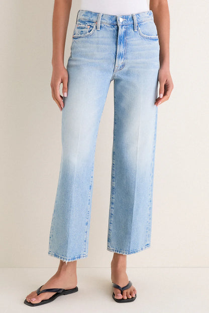 Zip flood jeans — high-rise wide straight leg, faded knee detail, front view