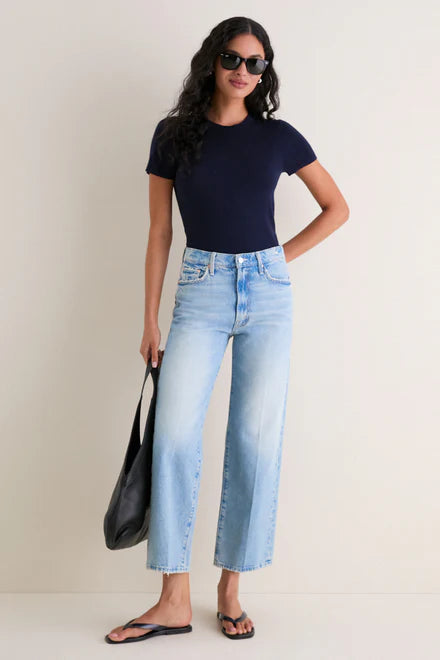 Zip flood jeans — high-rise wide straight leg, faded knee detail, front view