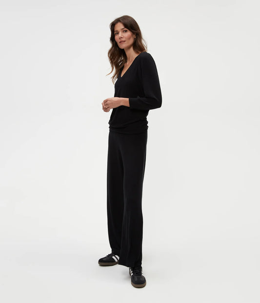 wide leg jersey pant — black brushed jersey, alternate angle