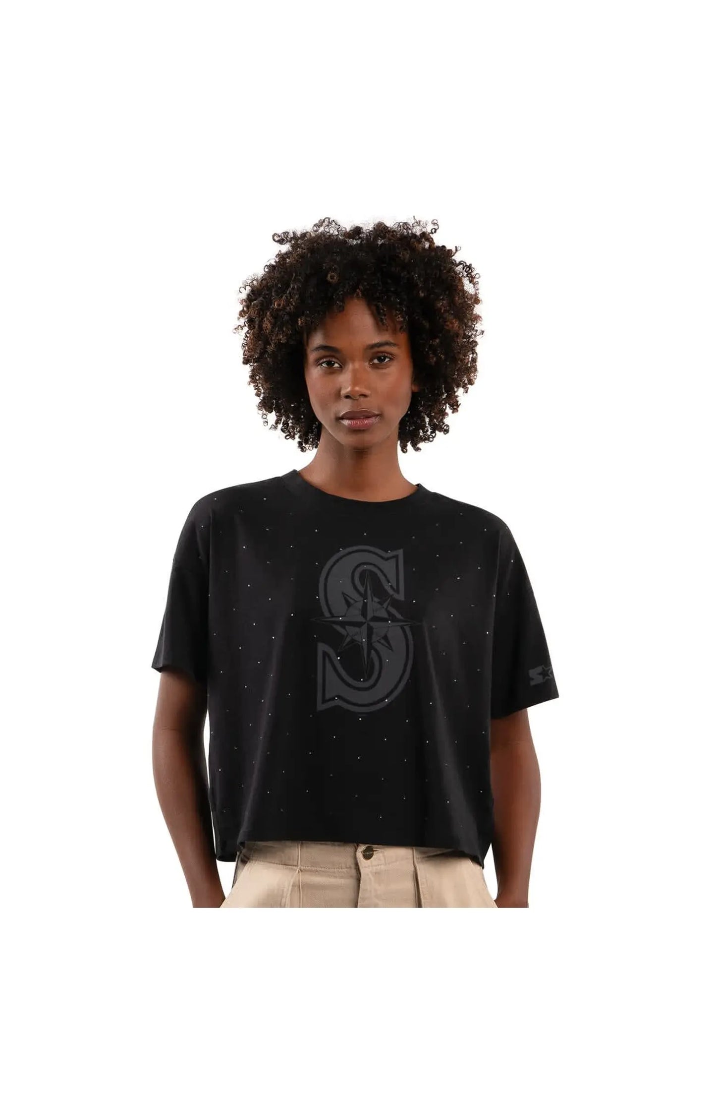 Women's Starter Black Seattle Mariners Rhinestone Sprinkle Boxy Cropped T-Shirt