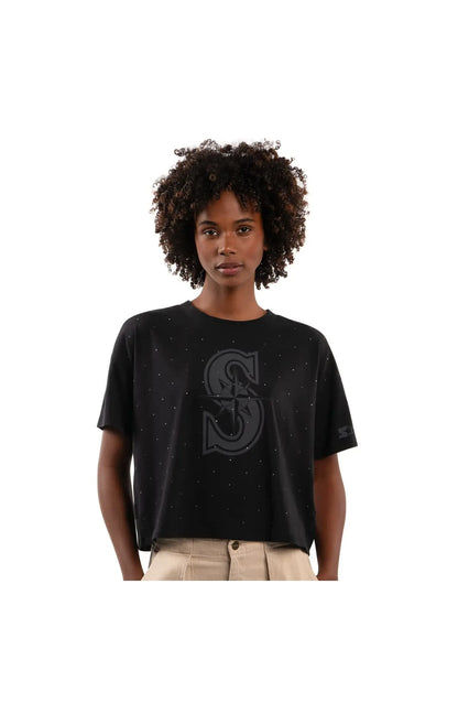 Women's Starter Black Seattle Mariners Rhinestone Sprinkle Boxy Cropped T-Shirt