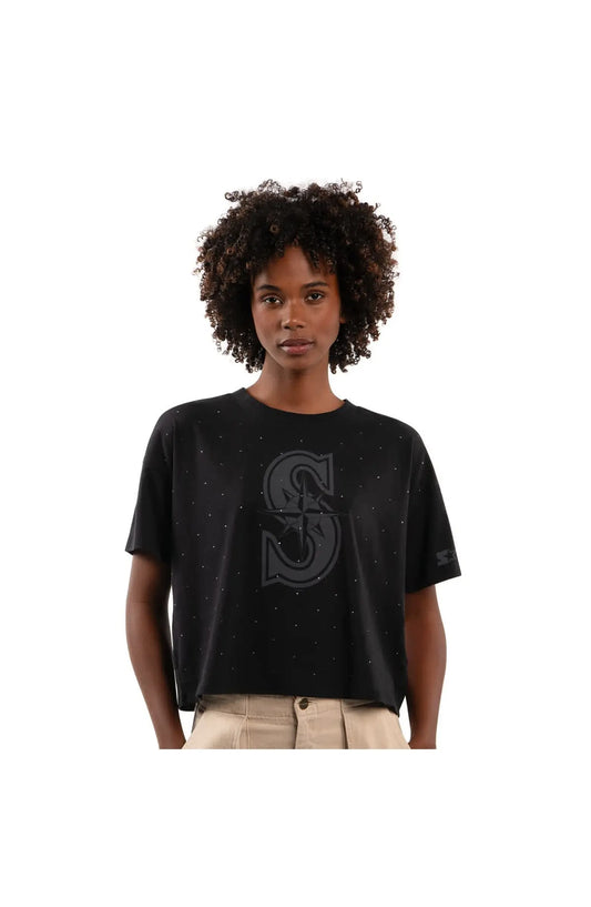 Women's Starter Black Seattle Mariners Rhinestone Sprinkle Boxy Cropped T-Shirt