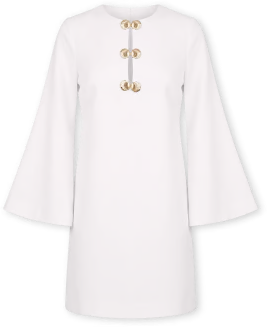 Ivory linen mini caftan — close-up of gold shell hardware detail and keyhole cut-out neckline