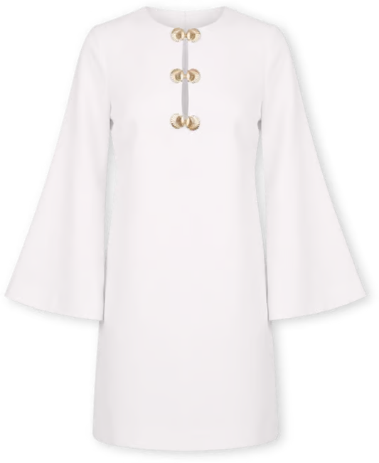 Ivory linen mini caftan — close-up of gold shell hardware detail and keyhole cut-out neckline