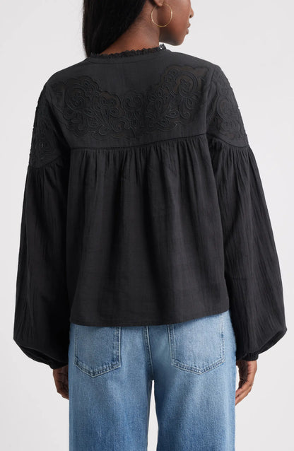 Treasure & Bond Appliqué Yoke Balloon Sleeve Blouse