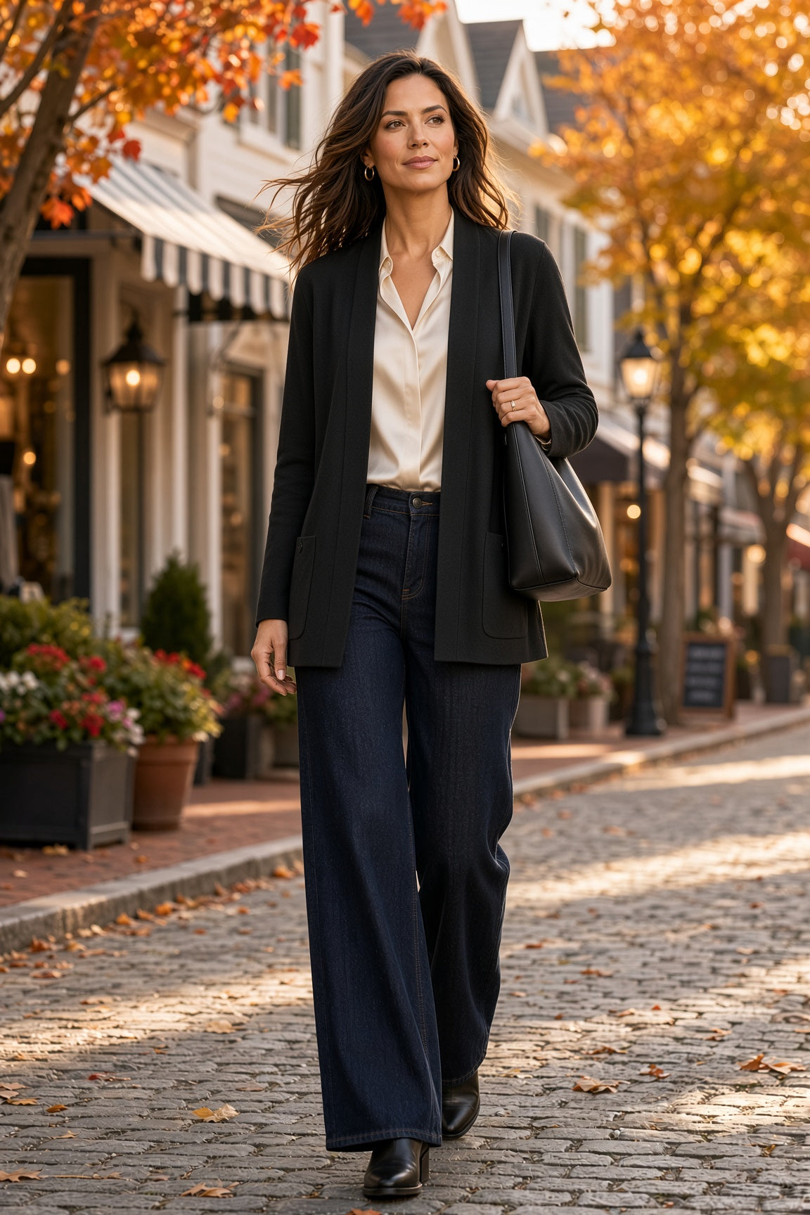 A woman walks down a cobblestone street lined with autumn trees and storefronts, wearing black open front cardigan  cream blouse, dark wide-leg pants, and black ankle boots, while carrying a black shoulder bag.