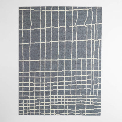 Handwoven Wool Area Rug 9x12 — Blue Grid