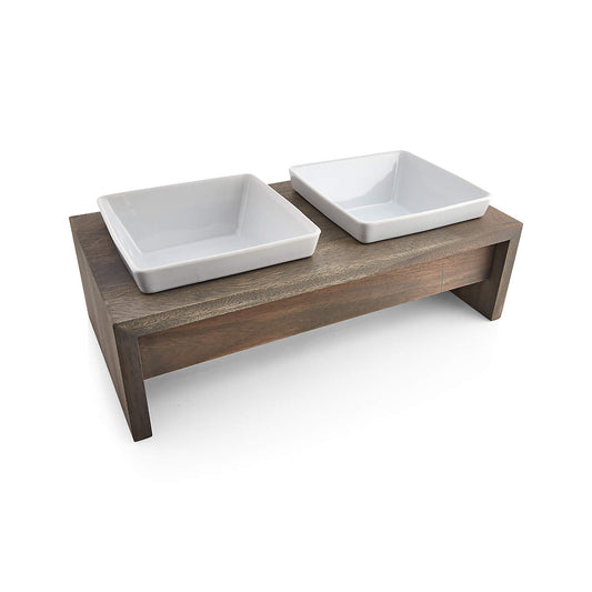 Crate & Barrel Fossil Medium Double Bowl Dog Feeder